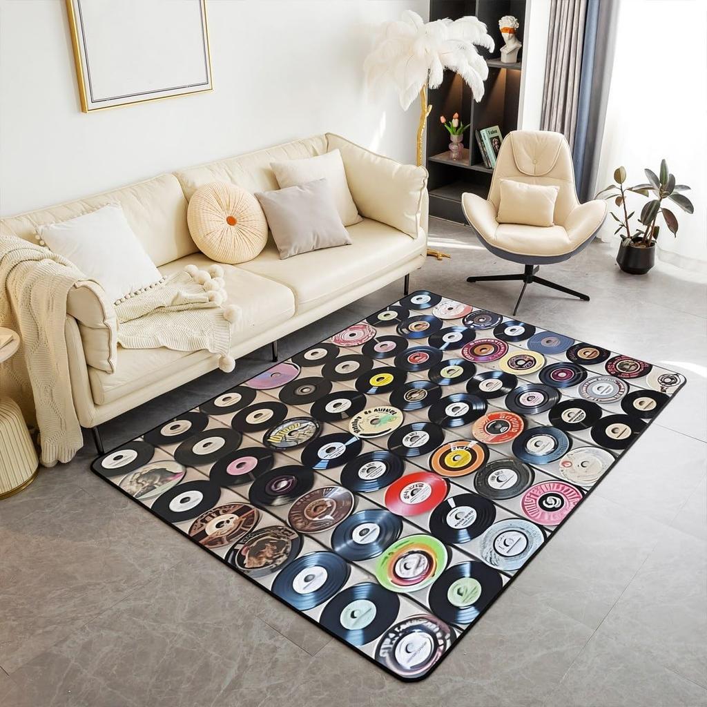 Record Area Rug CD Card Living Room Rugs Vintage Disc Print Decor Doormat Music Theme Carpet Non Slip Soft Indoor Floor Mat