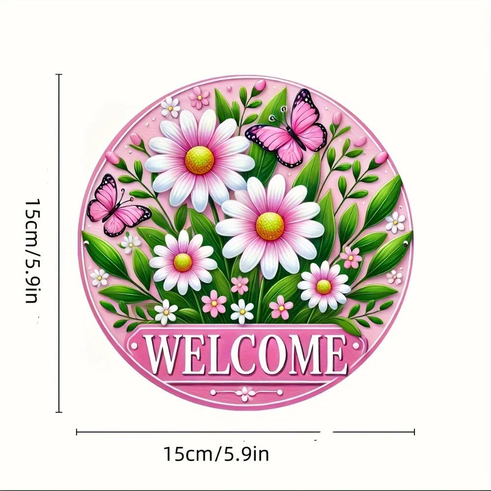 Vintage Pink Butterfly Daisy Aluminum Wall Sign, Rustproof Round Metal Art for Home Porch Entryway Decor