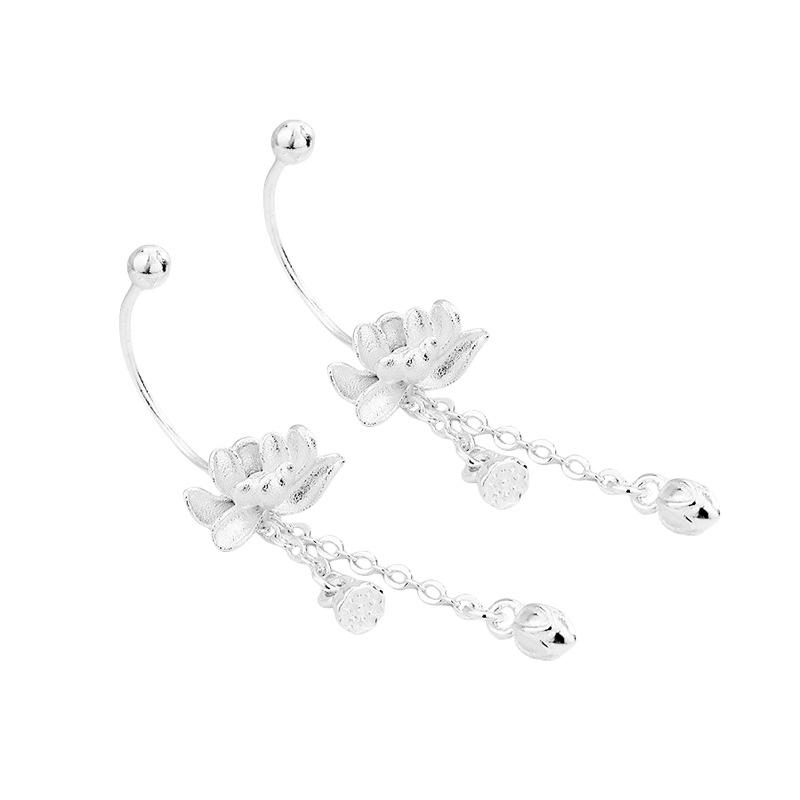 3D Lotus Tassel C-Shaped Screw Back Earrings, New Chinese Style with Sand Surface Chain and Lotus Pod Studs for Women Copper (Pair Price)
