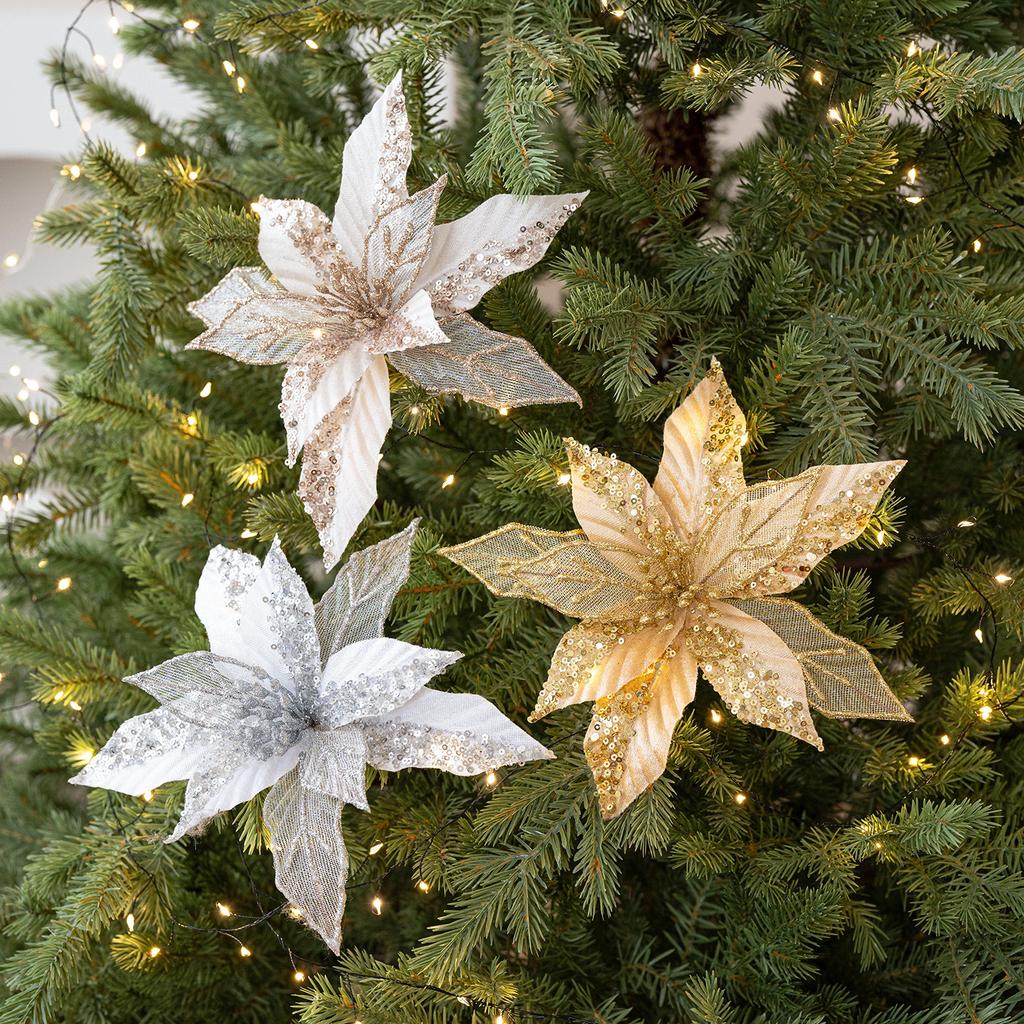 2pcs 22cm Gold Champagne Sequins Handmade Mesh Christmas Flowers Christmas Tree Decoration Living Room Decoration Christmas Tree Embellishment