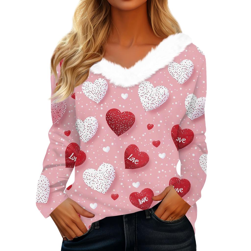Women's Valentine's Day Printed Long-Sleeved Shirt, V-Neck, Casual Loose-Fitting T-Shirt Top