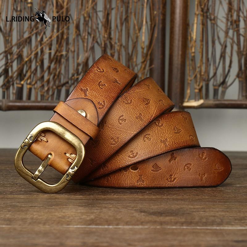 Korean Style Personalized Machine Embossed Vegetable Tanned Belt Men's Genuine Leather Pure Cowhide Pin Buckle Belt
