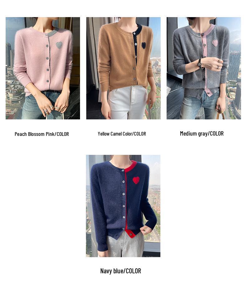 Women's Cashmere Cardigan - Round Neck, Sweetheart Embroidery, Color Block, Loose Fit Wool Top