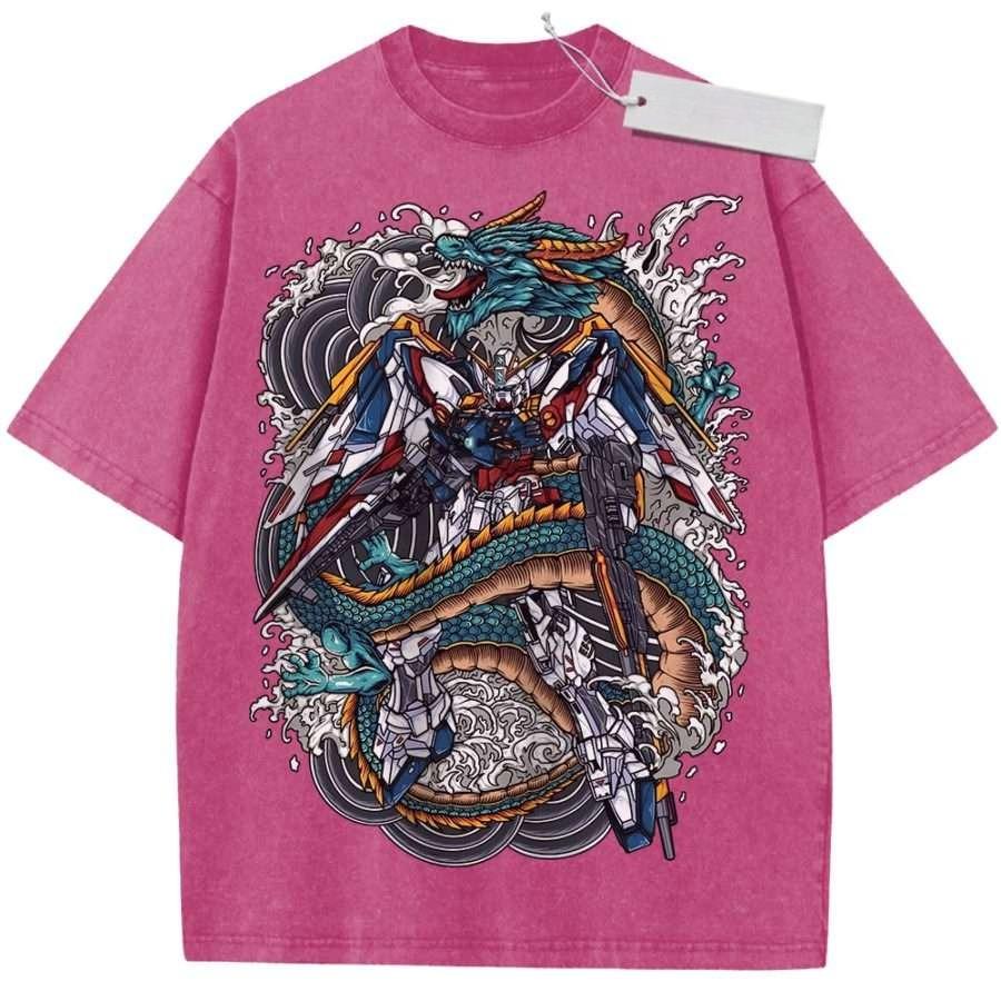 Vintage Washed Anime Oversized TShirt White Gundam Dragon Graphic Streetwear Tee For Otaku Casual Daily Campus Home Wear