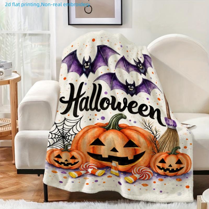 1pc Halloween-Themed Bat And Pumpkin Print Blanket, Strong Festive Atmosphere, Multiple Sizes Available, Suitable for Living Room, Bedroom, Study, Off