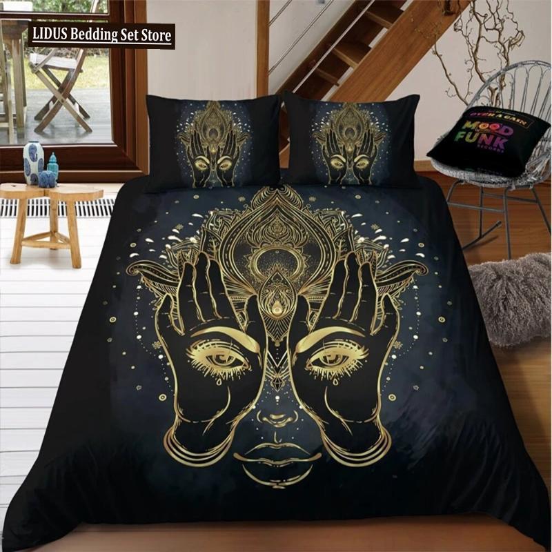 Mandala Buddha Duvet Cover Set King Size Exotic Ethnic Bohemian Bedding Set Golden Black Lotus Flowers Gorgeous Comforter Cover