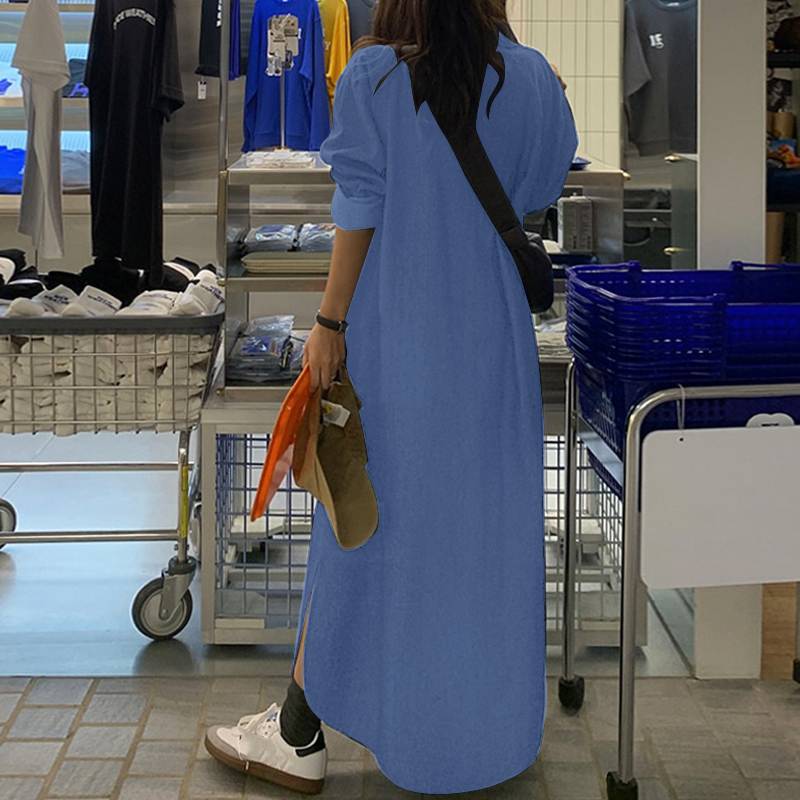 Elegantní módní dámské oblečení, neutrální styl, dlouhý rukáv, klopa, kardigan, jednobarevné, dlouhé džínové, ležérní šaty