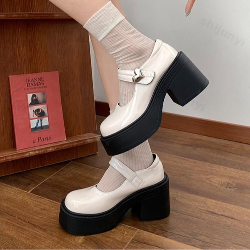 Fashion Women's Shoes Fashion Loafers Round Toe Buckle Platform High Heels Shoes PU Leather British Retro Dresses French Mary Jane Shoes
