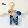 Portable Key Organizer Blue Series Keychain Pendant, Initial Letter Charm Chain with Eyes Tassel Design, A-Z Holder for Bags Backpacks Cars