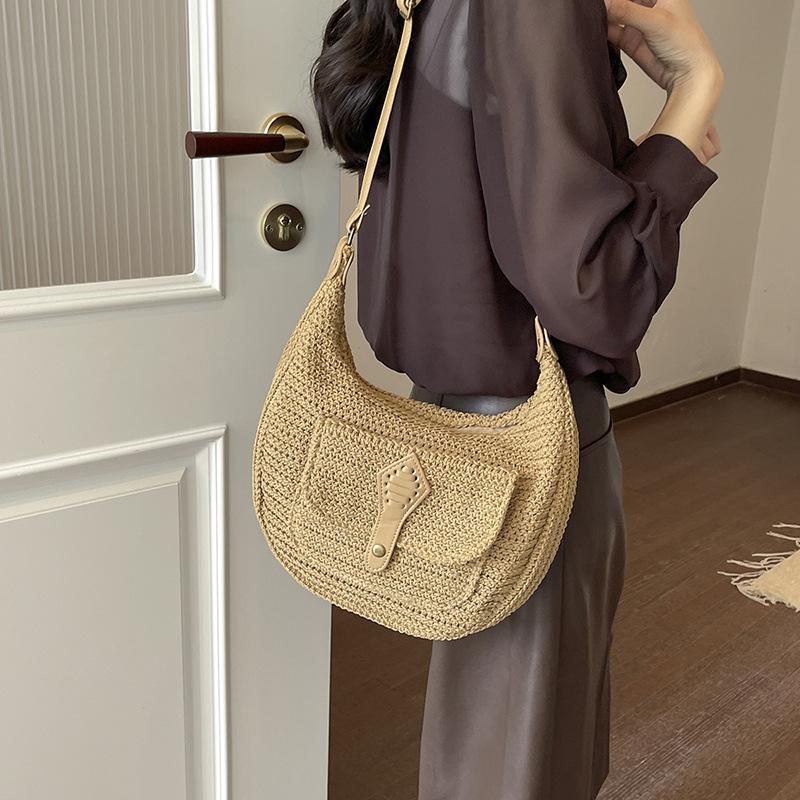 Grote Capaciteit Geweven Dames Tas, Reistas, Crossbody Tas, Strandstijl Knoopvormige Tas