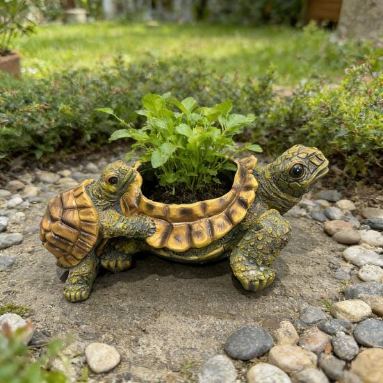 Small Turtle Planter Resin Turtle Shaped Flower Pot with Drainage Holes Cute Animal Cacti Pots for Office Home Desktop Decor