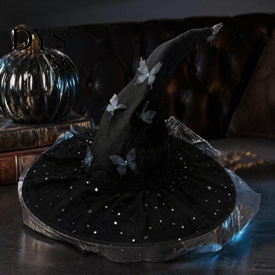 Witch Hat for Halloween Costume Women, Large Glitter Sequins Mesh Wizard Decorative Party Cosplay with Butterfly Accessory, Elegant Curved Brim