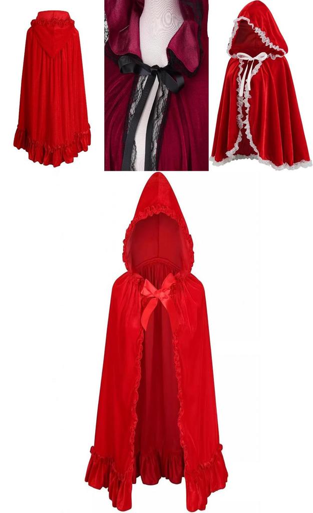 Elegante Mantello con Cappuccio in Velluto Rosso per Donna con Pizzo Arricciato e Bordi a Volant per Tutte le Stagioni