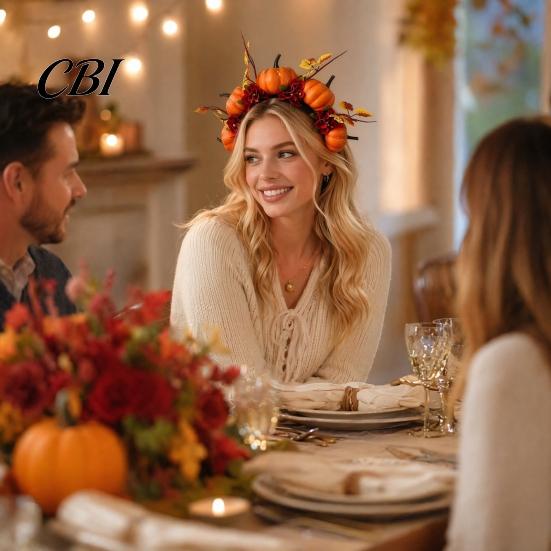 Bequemes Lang tragbares Stirnband Halloween Haarreif, Schwarz mit 3D Kürbis Herbstlaub Accessoire Rote Blumen, Universell Thanksgiving Tag Party