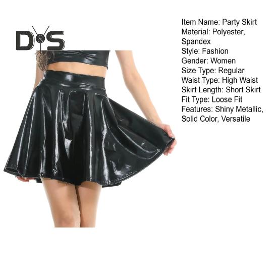Women Skater Skirt High-Waisted Shiny Metallic Patent Faux Leather Texture Party Skirt Slimming Versatile Mini Skirt