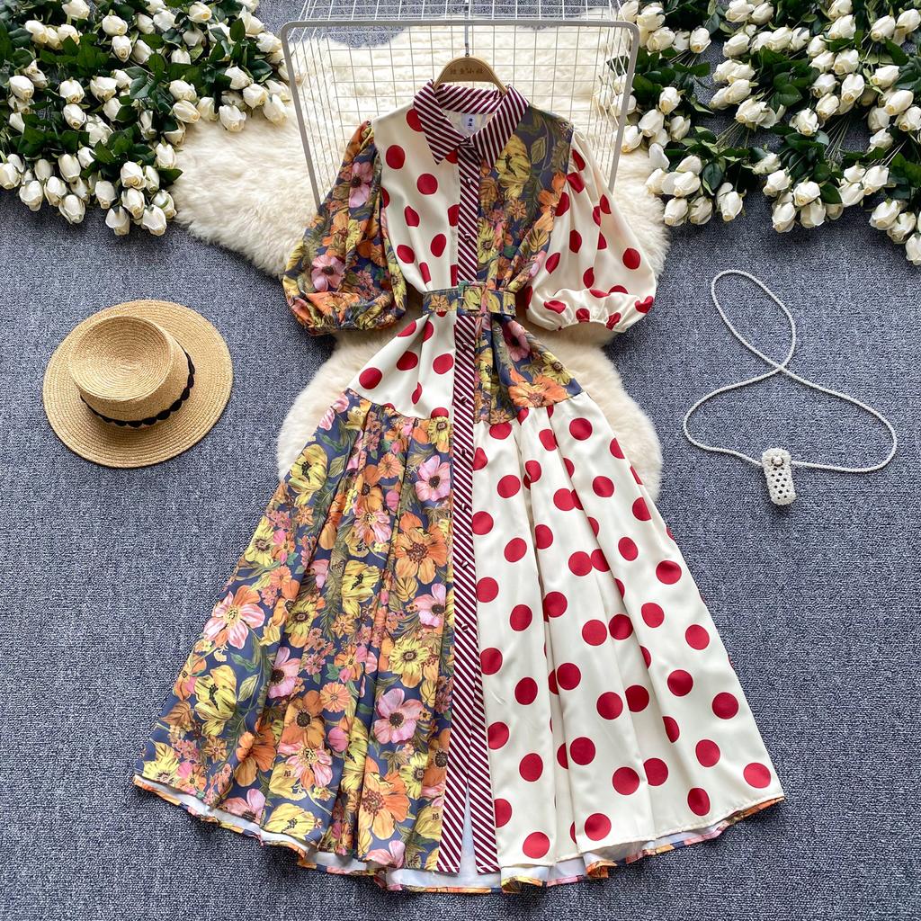 Summer Elegant Midi Patchwork Dress for Women Lapel 3/4 Sleeve Wave Point Breasted Female Design Vestidos New In 2024 Chic