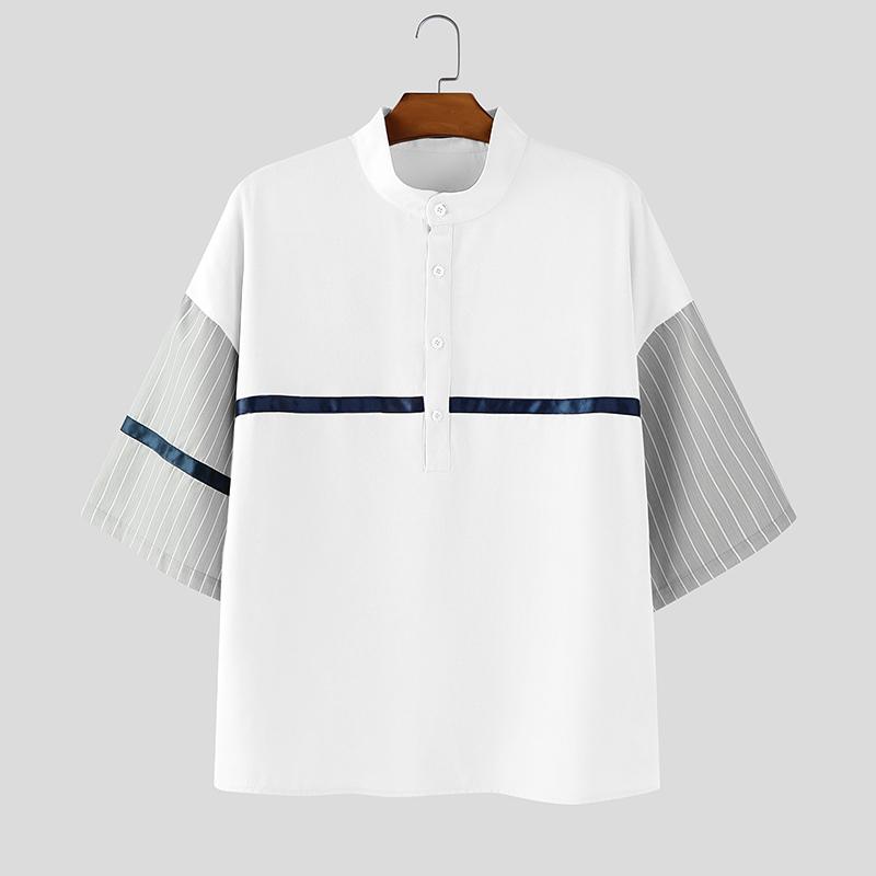 INCERUN Oversized Men Casual Loose Half Sleeve Stitching Striped Shirts