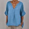Cotton Linen Women Shirt V-Neck Buttons Half Placket Half Sleeve Breathable Loose Fit Tops Daily Wear