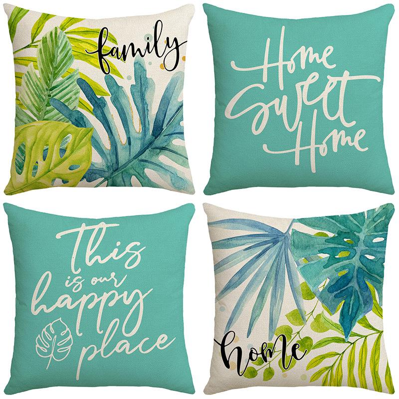 New Nordic Green Plants and Flowers Sofa Pillow Cushions Home Soft Furnishings Linen Letter Print Square Pillow
