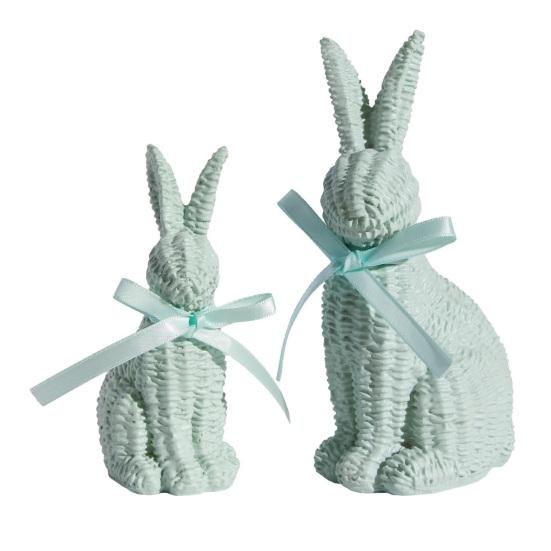 

2 шт. Фигурка кролика с эффектом ротанга и бантом, настольное пасхальное украшение-кролик, статуэтки весенних кроликов для дома, фермерского дома, полки, стола зелёный
