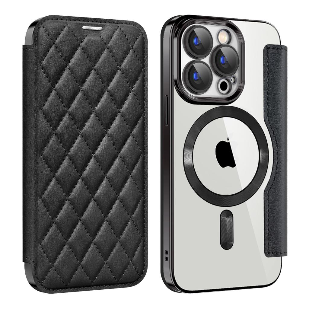 For iPhone 15 Pro RFID Blocking Built-in Lens Film Phone Case Card Holder Leather Cover Compatible with MagSafe