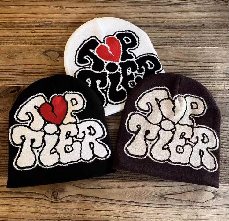 Casual Hip Hop Style Cap Bold Black Lettering with Red Heart Graphic Custom Logo Elastic Knitted Unisex Jacquard Beanie