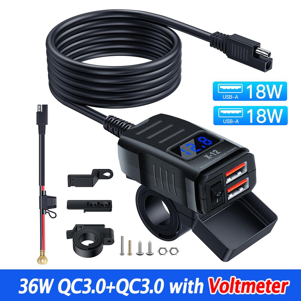 48W PD QC3.0 Motorcycle Charger Dual Ports with Voltmeter & Switch 12V-24V USB Type C Waterproof SAE Handlebar Power Adapter