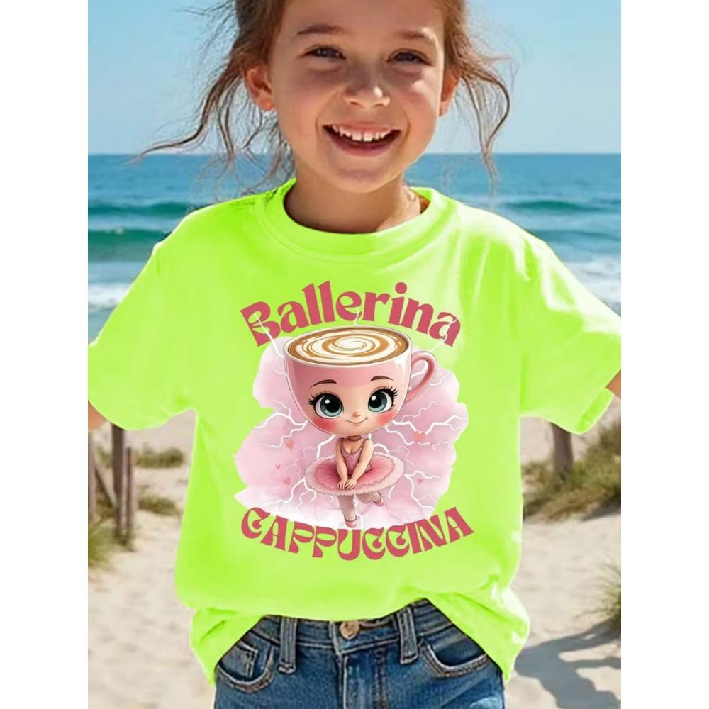 T-shirt Bambini Animali Brainrot Italiani Ballerina Cappuccino Manica Corta per Bambini Divertente Meme Carino Maglietta Estate
