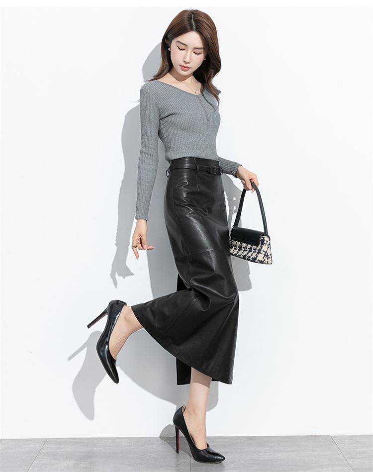 2025 Autumn/Winter Women's High-Waisted Lambskin Leather Midi Skirt - Elegant and Versatile Design