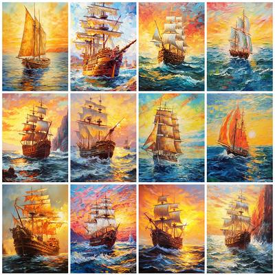 Boat Diamond Painting Sunset Landscape Rhinestones Picture Embroidery Seaside Diamond Mosaic New Arrival Kits Wall Decor