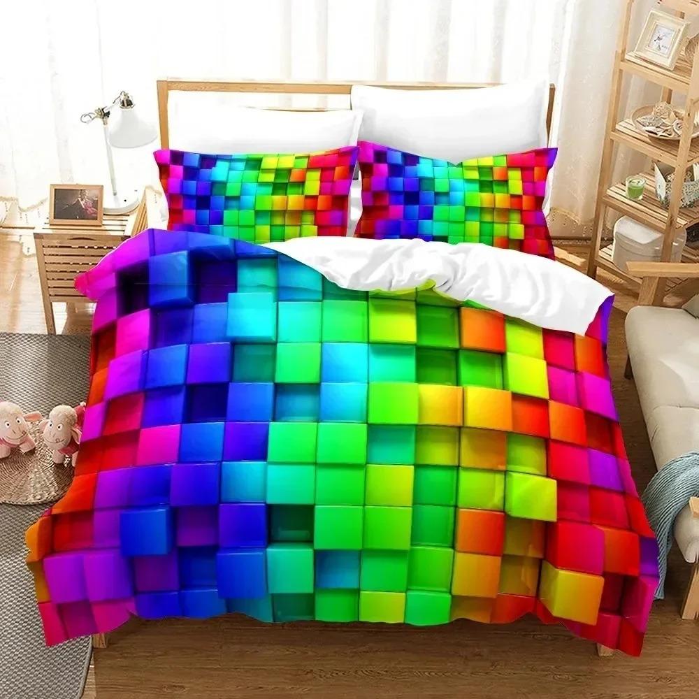 Colorful Toy King Queen Duvet Cover 3D Building Block Pattern Bedding Set Fun Brick Quilt Cover Gradient Rainbow Comforter Cover