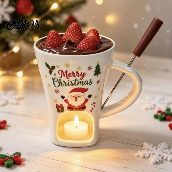 Winter Party Dessert Serving Dish Christmas Chocolate Fondue Mug with Tea Light Warmer & Forks, 155ml Ceramic Melting Gift for Lovers Pot Cheese