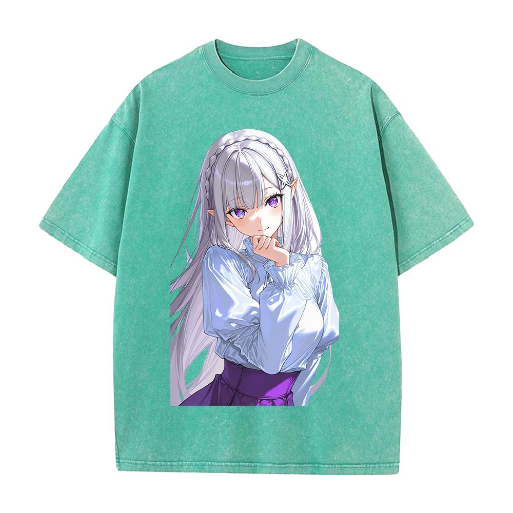 Hot Anime Re ZERO Emilia Kawaii Print T-shirt Men Women Short Sleeve Clothing Cotton Tshirt Retro Washed T Shirt Male Manga Tops