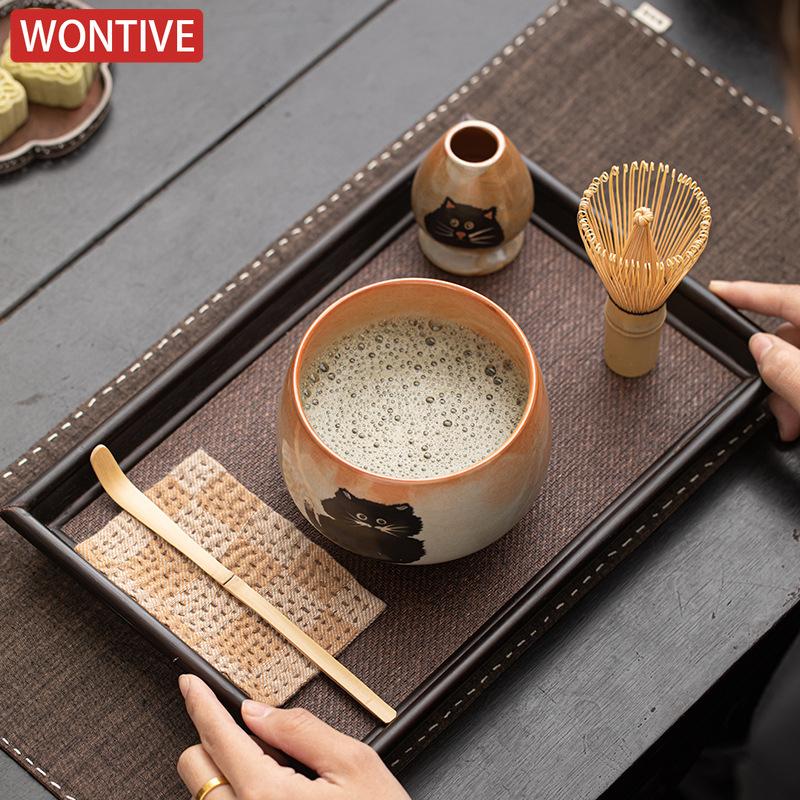 1/6 Pcs Printing cats Matcha Whisk Set Practical Matcha Kit with Whisk Holder Matcha Whisk Sifter Tea Scoop and Tea Spoon