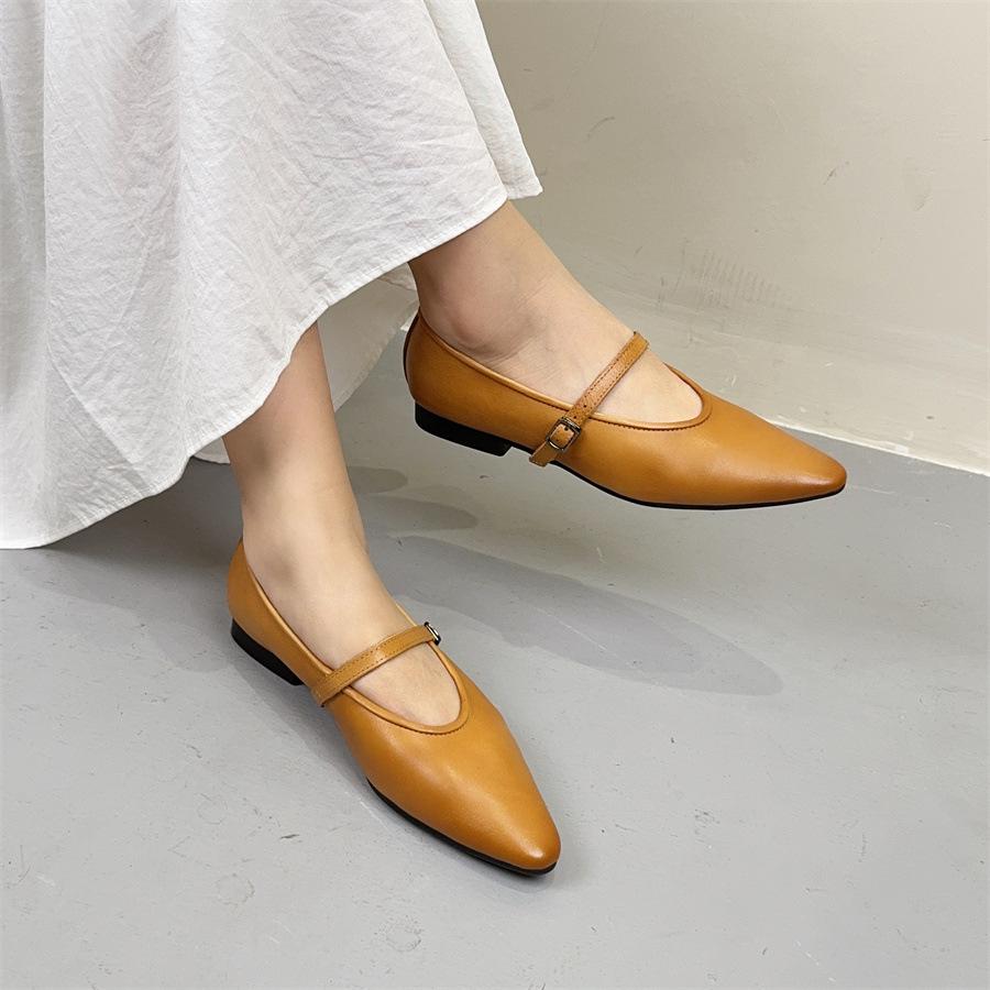 Johnature Oryginalne skórzane płytkie, spiczaste, płaskie buty retro, uniwersalne, miękkie, ze skóry bydlęcej, damskie