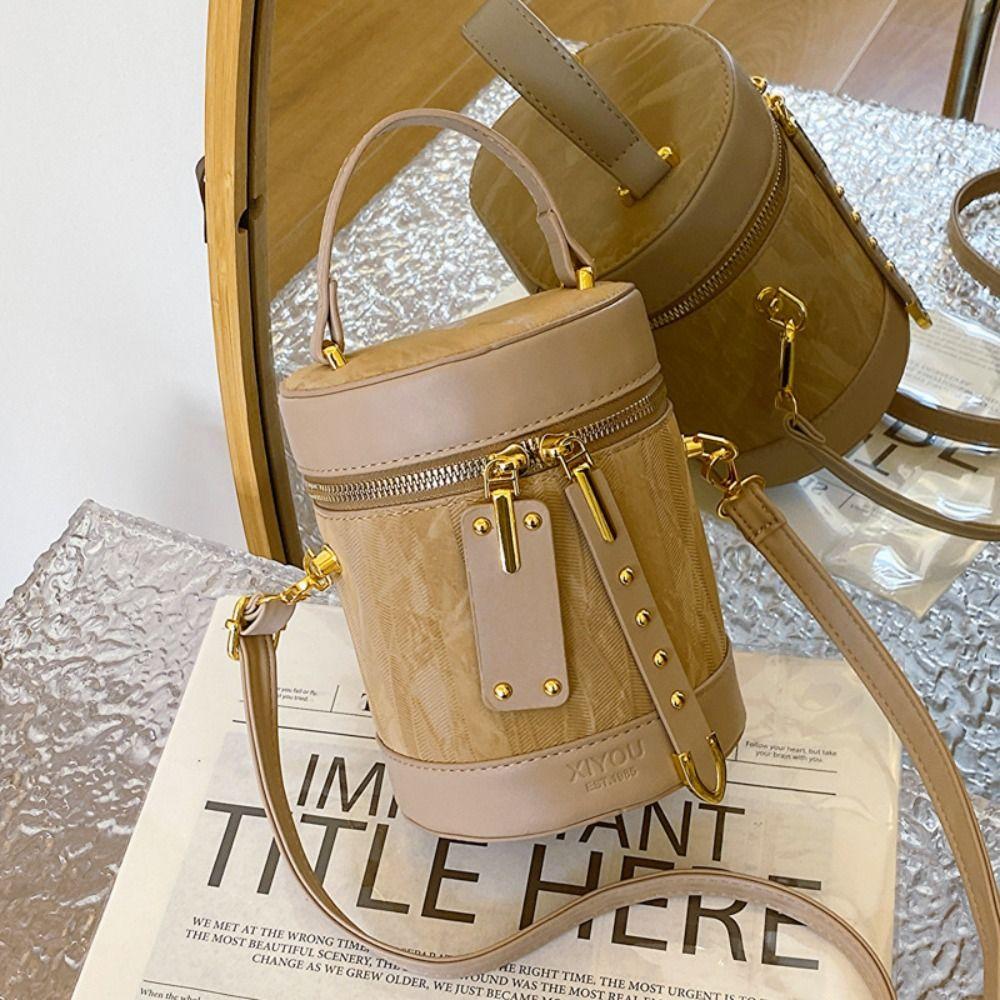 

Vintage Cylinder Crossbody Bag Pu Leather Luxury Shoulder Bag Elegant Women Bucket Bag Outdoor чорний