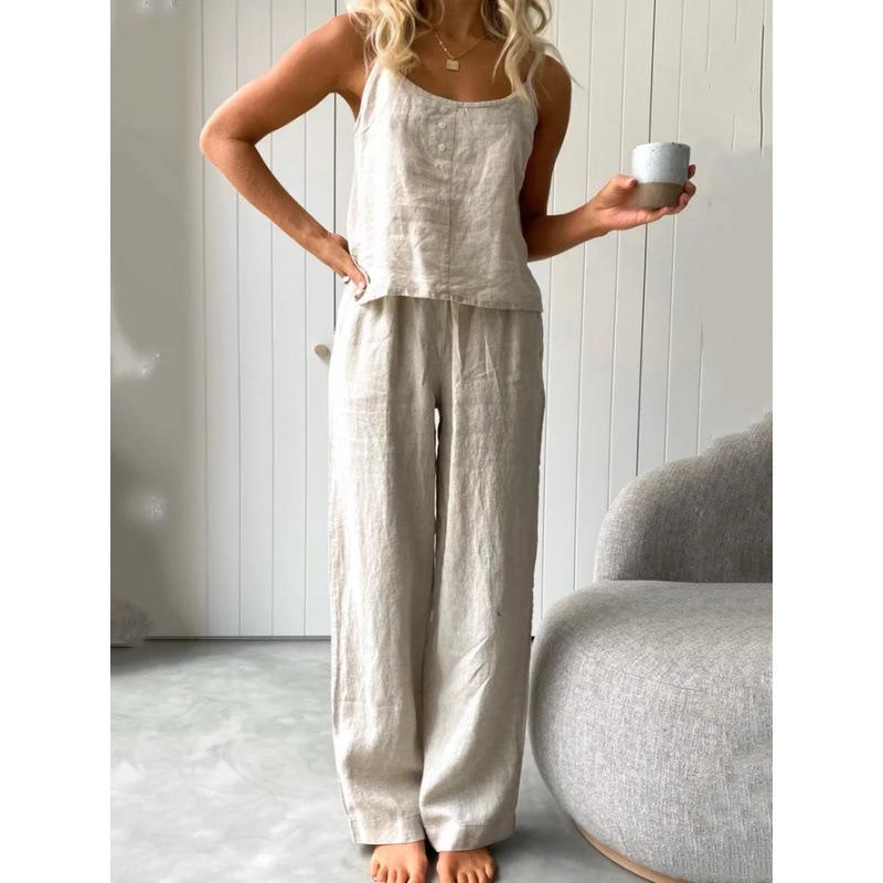 

2026 Women s European & American Sleeveless Cotton Linen Pajama Set - Cool, Loose-Fitting Camisole and Long Pants S