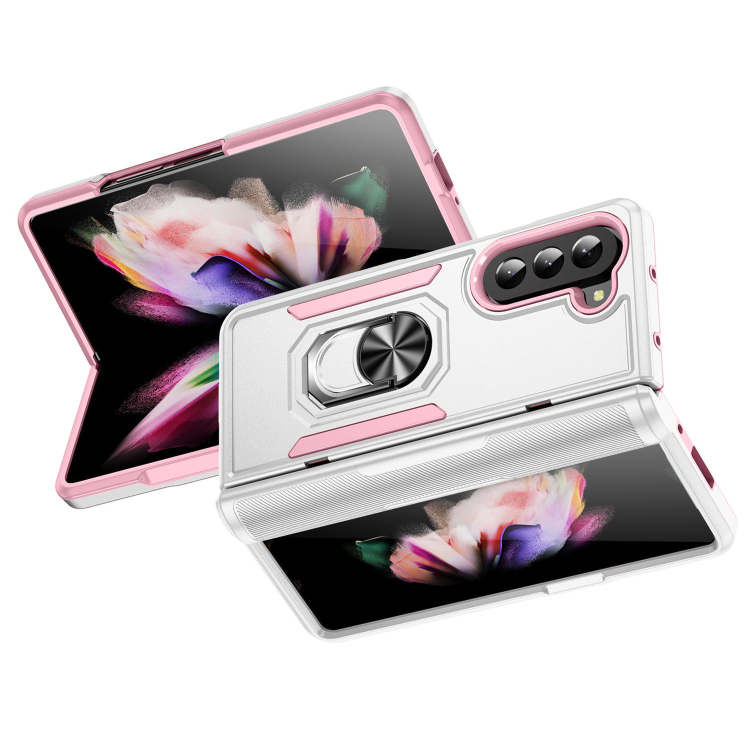 

For Samsung Galaxy Z Fold5 5G Case Military Grade Ring Kickstand PC+TPU Phone Cover White+Pink