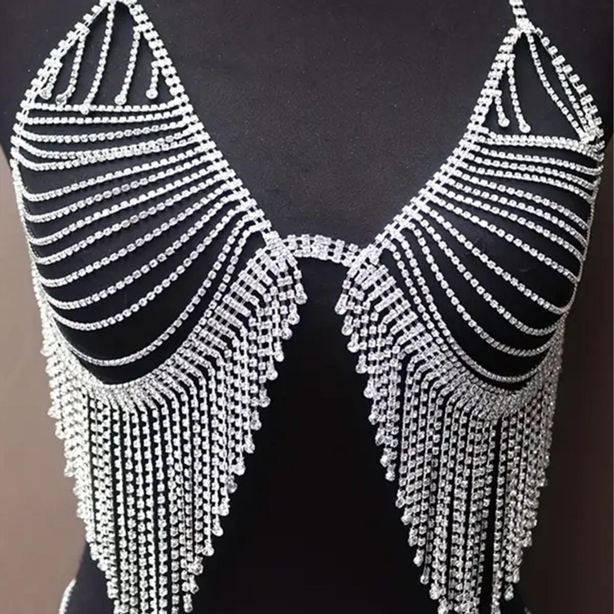 

Multilayer Rhinestone Fringed Breast Chain Personality Trend Sexy Bikini Body Chain Women S Chest Chain