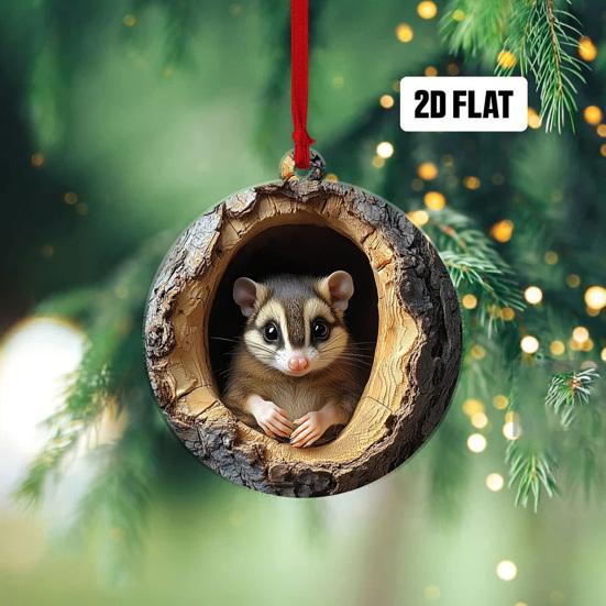 5Pcs Christmas Animal Ornaments 2D Acrylic Cute Wildlife Pendant Raccoon Owl Squirrel Hedgehog Bird Tree Hole Wood Texture Hanging Decorations