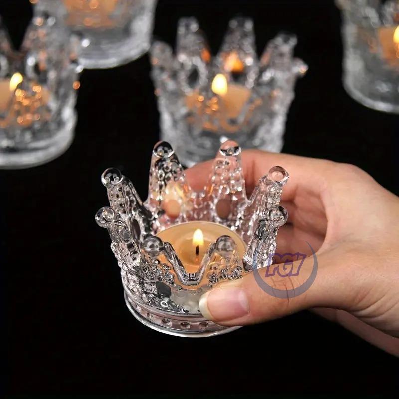 6/12pc Glass Crown Candle Holders Elegant Makeup Sponge Jewelry Storage Cup Sparkling Gold Bead Crystal Candle Holder Home Decor