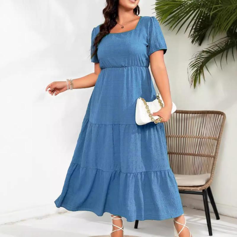 Women's Puffed Sleeve Square Collar Back Pleated Short Sleeve Pocket Dress