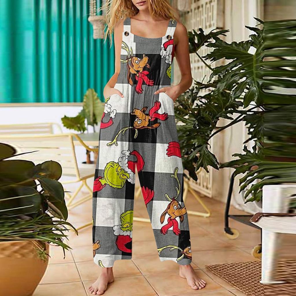 Dámská móda Vánoční potisk Ležérní Retro Bez rukávů Knoflíkový overal