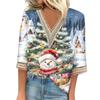Women's Loose Casual Three-quarter Sleeve V-neck Lace Loose Christmas Print T-shirt Top