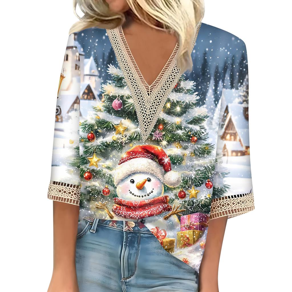 Women's Loose Casual Three-quarter Sleeve V-neck Lace Loose Christmas Print T-shirt Top