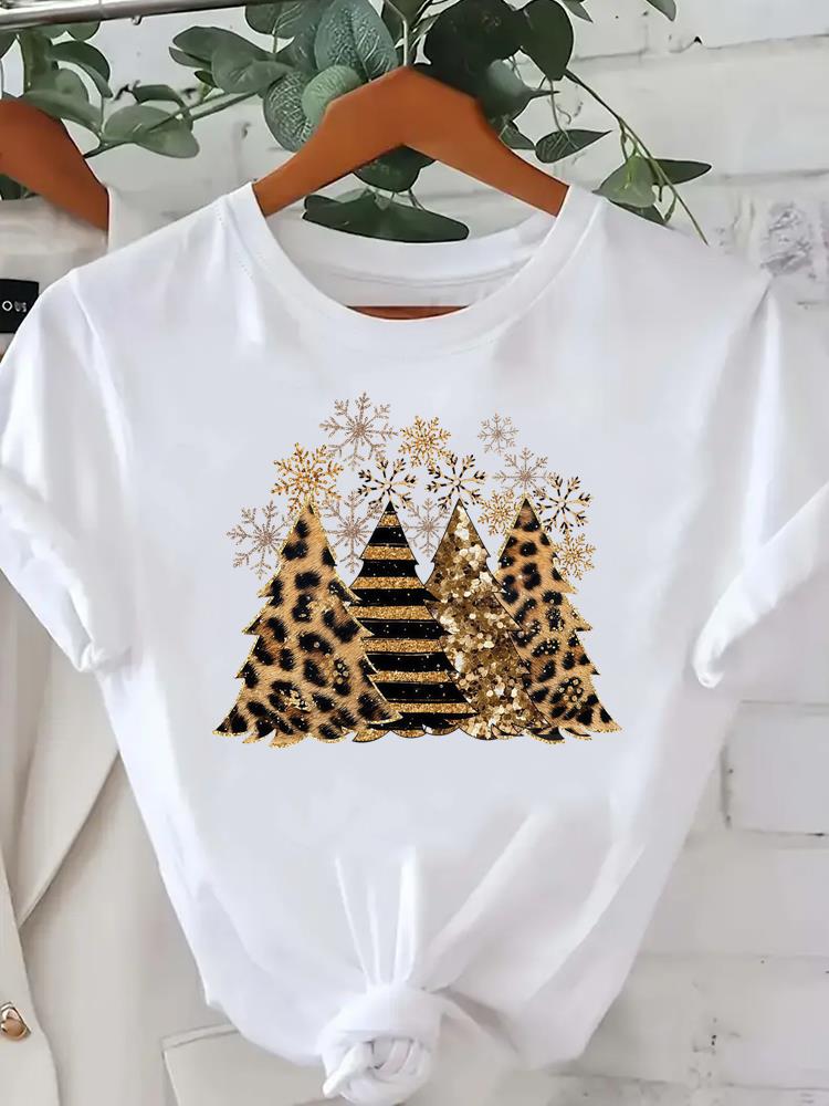 (Asian Size) star tree happy new year Tee merry Christmas festival O-neck Clothing Women's Top T Print Fashion ladies Graphic T-shirts