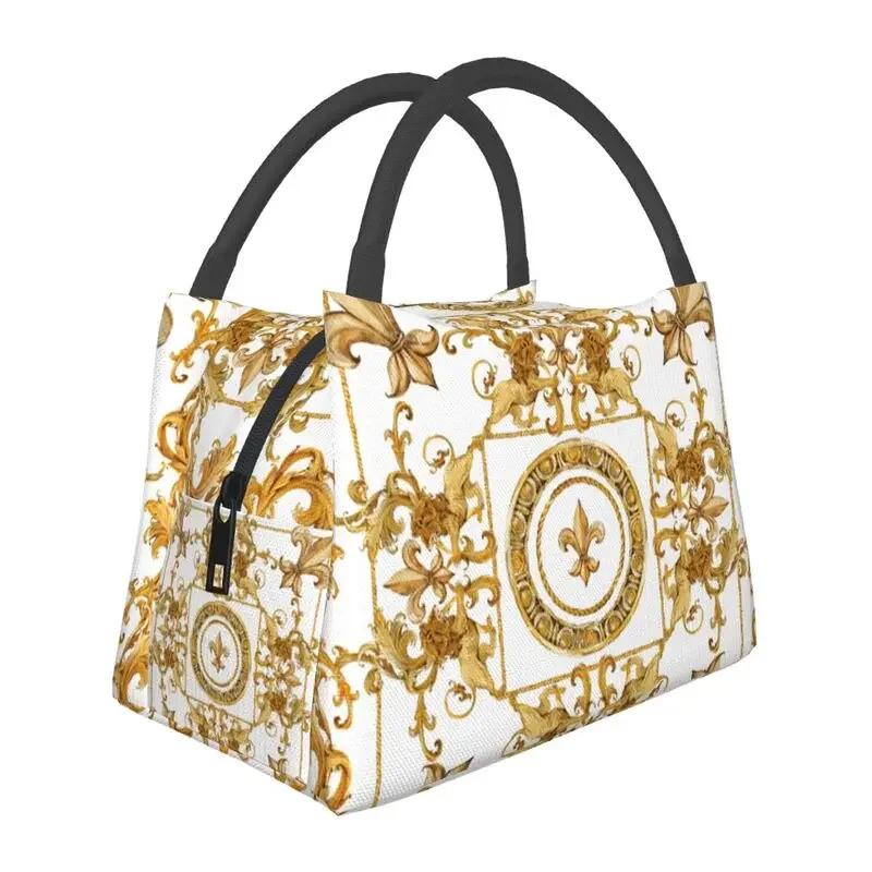 Luxury Golden Europe Floral Insulated Lunch Bag for Work Office Leakproof Thermal Cooler Lunch Box Women