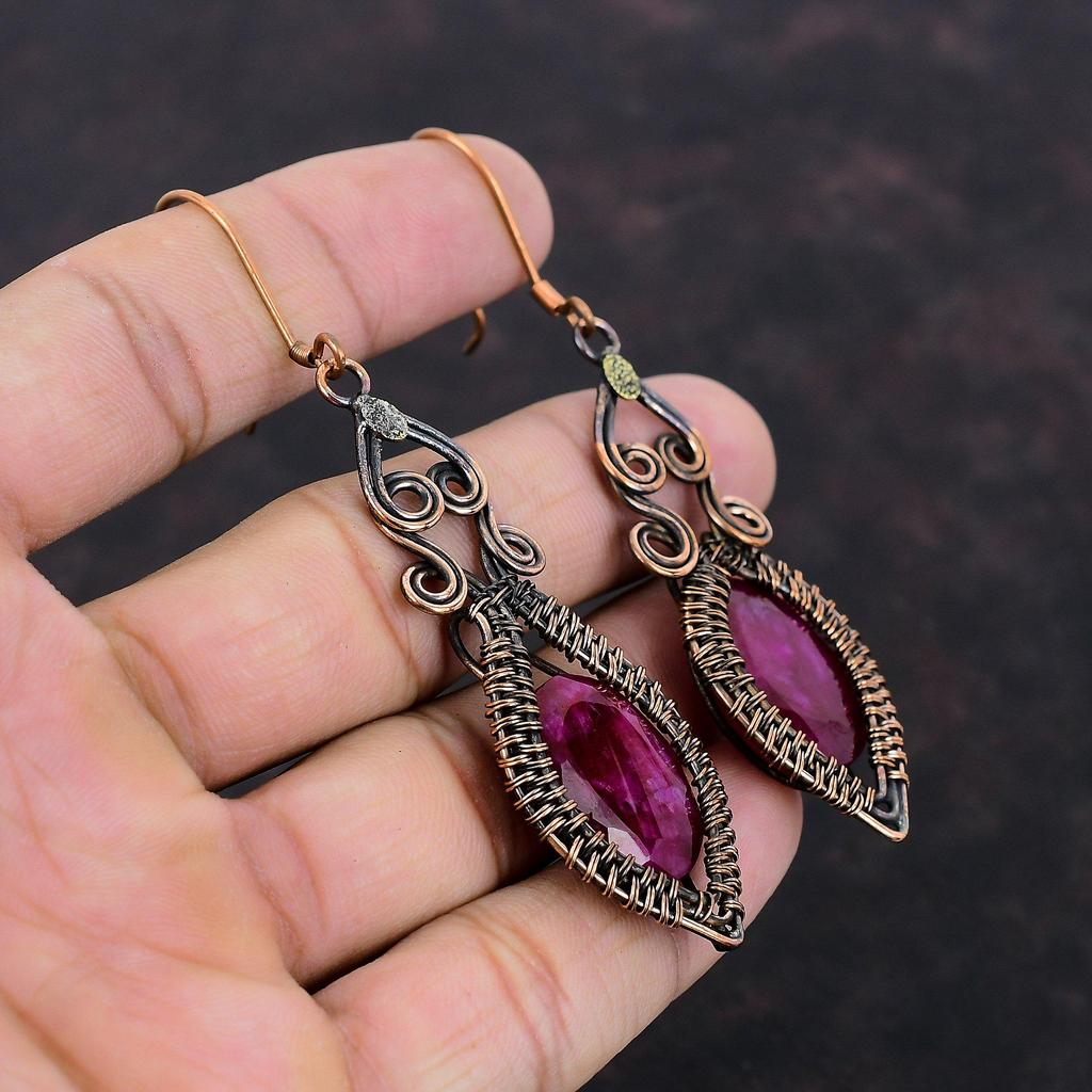 Faceted Kashmir Ruby Earring Copper Wire Wrapped Jewelry Natural Gemstone Earrings Copper Earring Handmade Jewelry Wire Wrap Earring For Mom