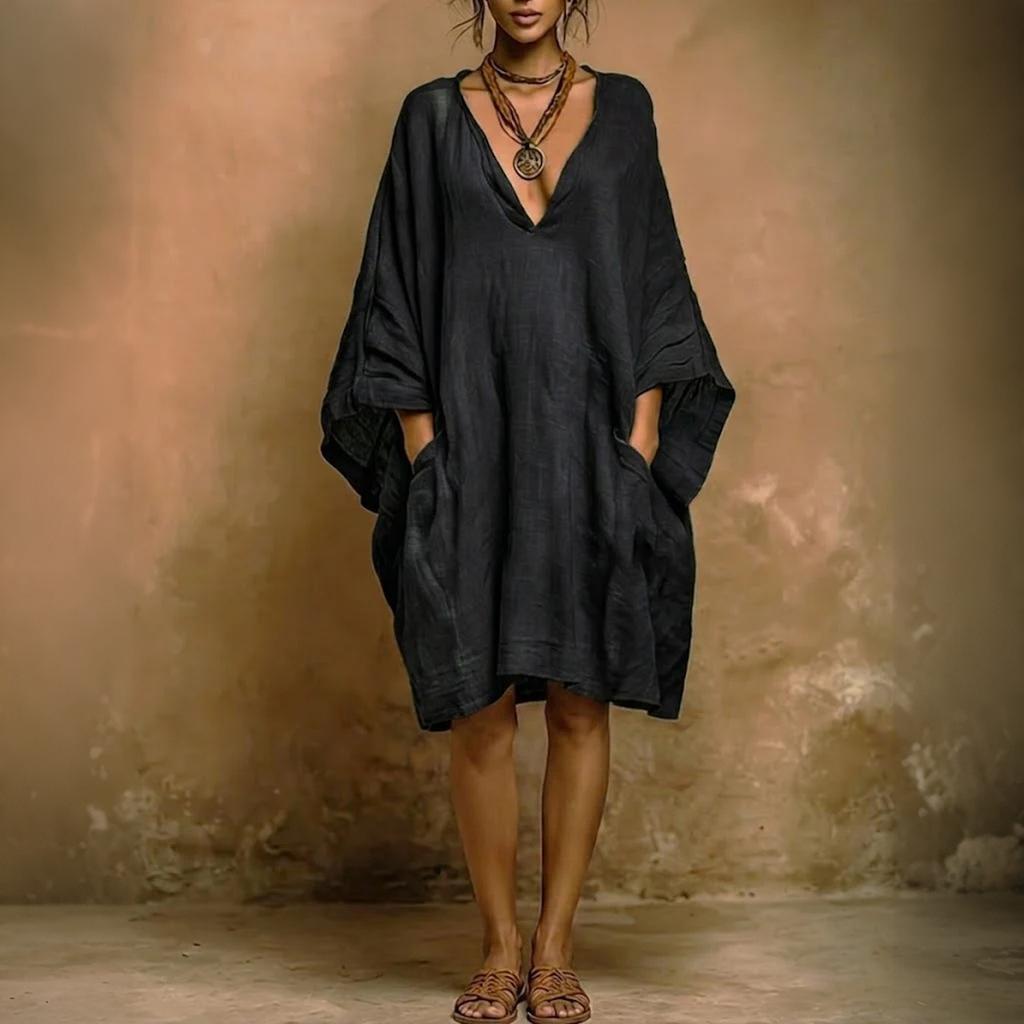Women's Fashion Loose Fit Batwing Sleeve Dress V Neck Casual Comfortable Lightweight Fabric Pocket Detail Summer Beachwear