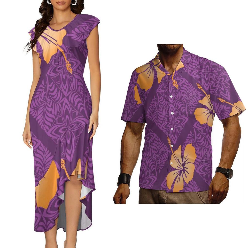 Polynesian Tribal Traditional Samoan Puletasi Dress for Women Custom Elegant Dresses Vintage Floral Dress Couple Set